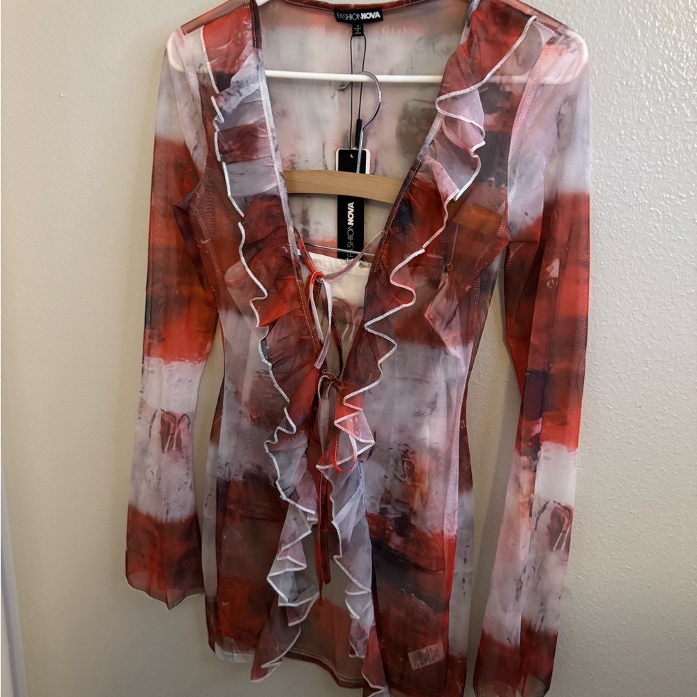Fashion Nova Red and White Ruffle Mesh Tie-Front Blouse